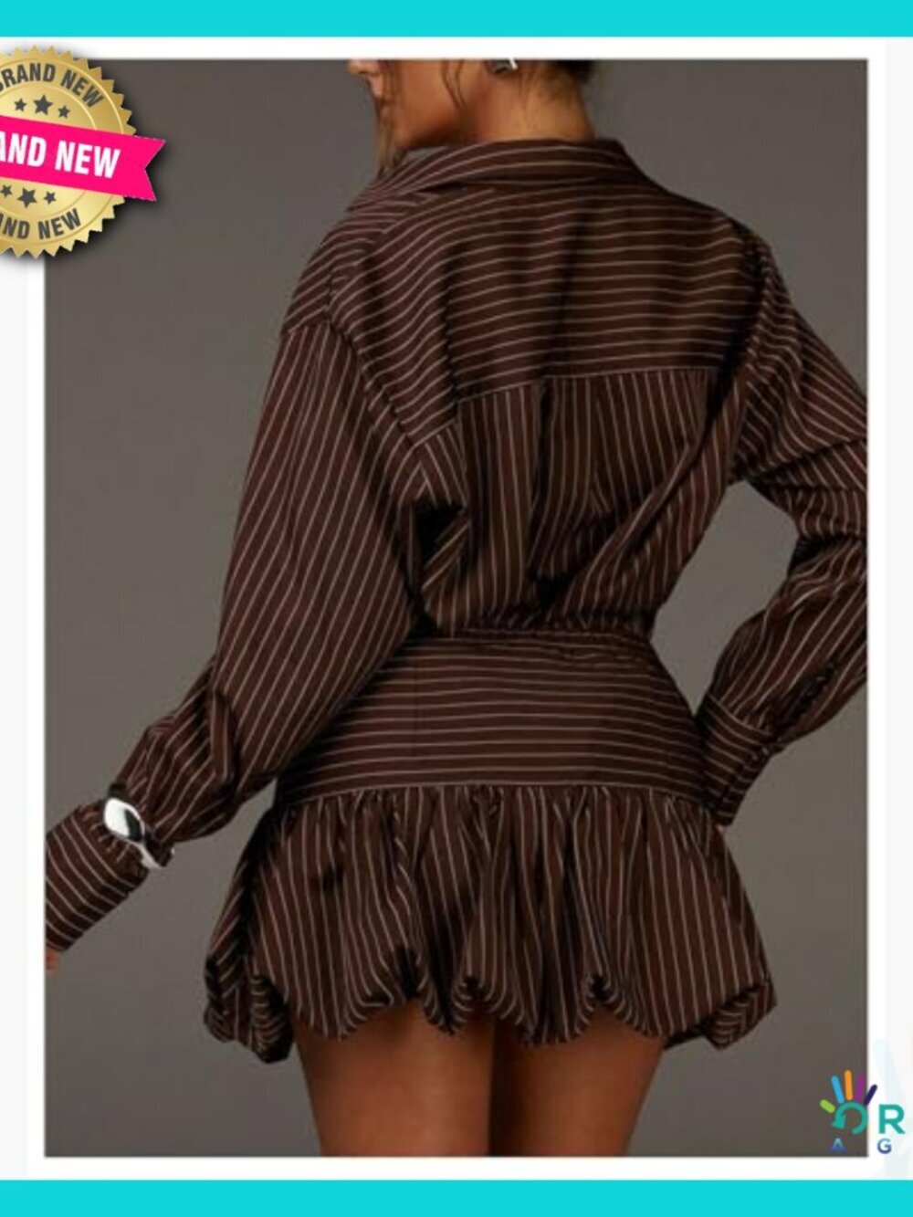 Striped Long Sleeve Button Down Shirt and Bubble Mini Skirt Set Y2K Chic - Picture 3 of 5